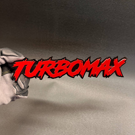 TURBOMAX custom red and black 3D car badge with automotive 3M adhesive.