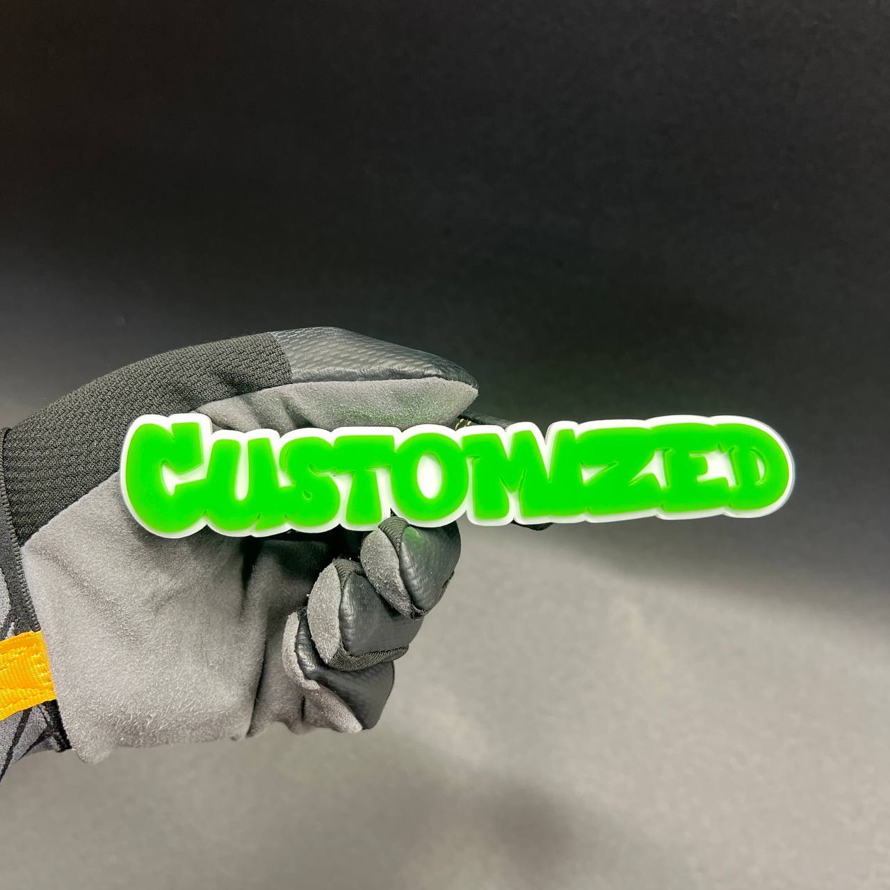 Made to order personalized car badge with bold custom lettering