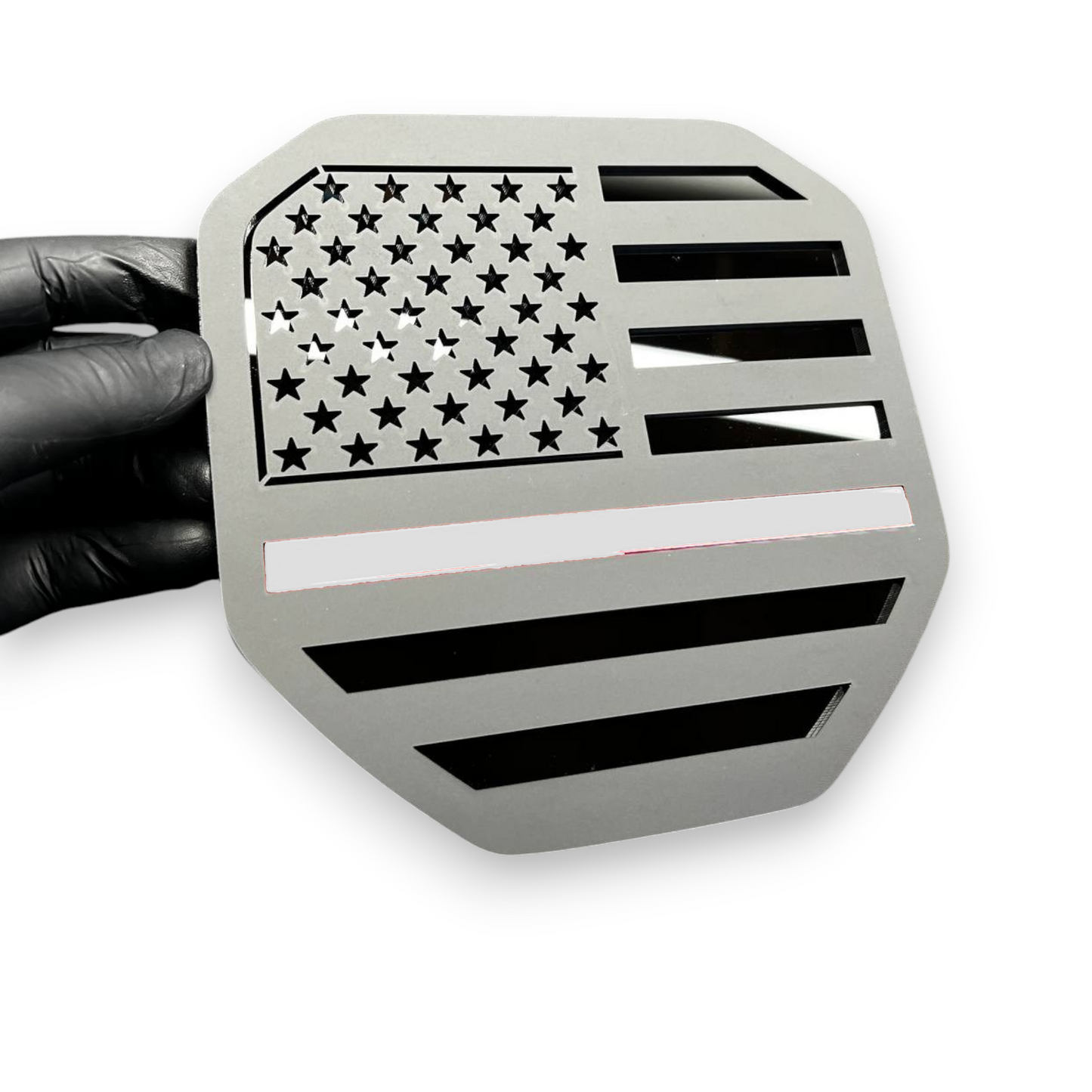 USA flag red line emblem on Chevy Silverado custom truck build offroad