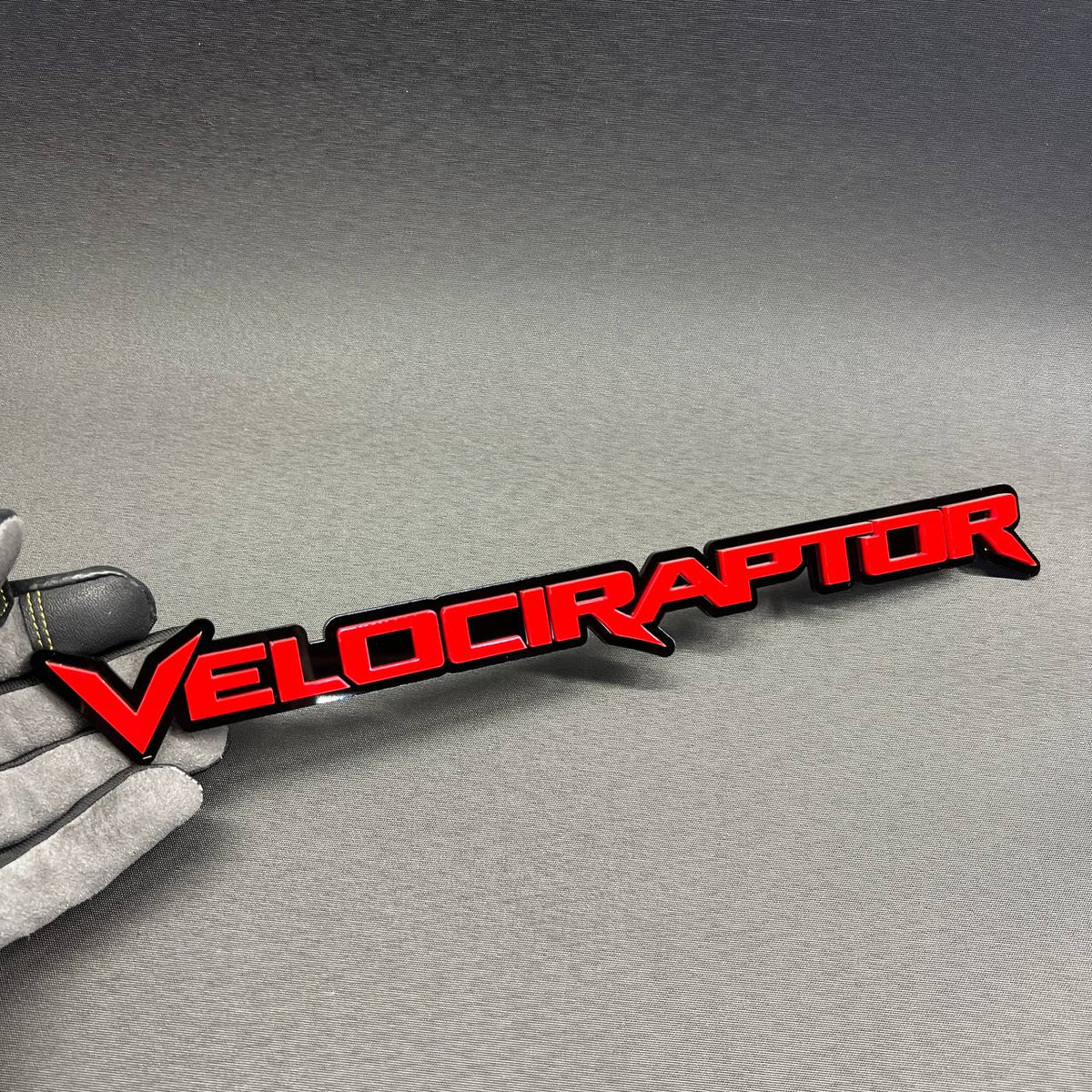 Custom Velociraptor text car badge for trucks and SUVs including Ford, Jeep, Dodge, RAM and Chevrolet