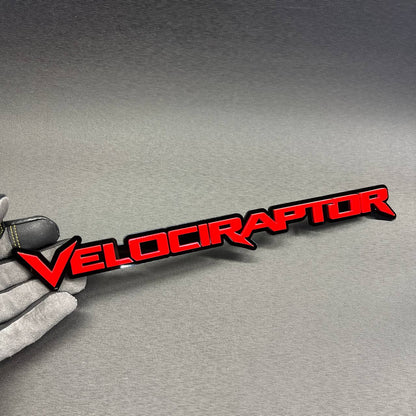 Custom Velociraptor text car badge for trucks and SUVs including Ford, Jeep, Dodge, RAM and Chevrolet