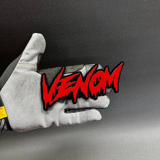 Venom style dripping text car badge fender emblem in red and black acrylic