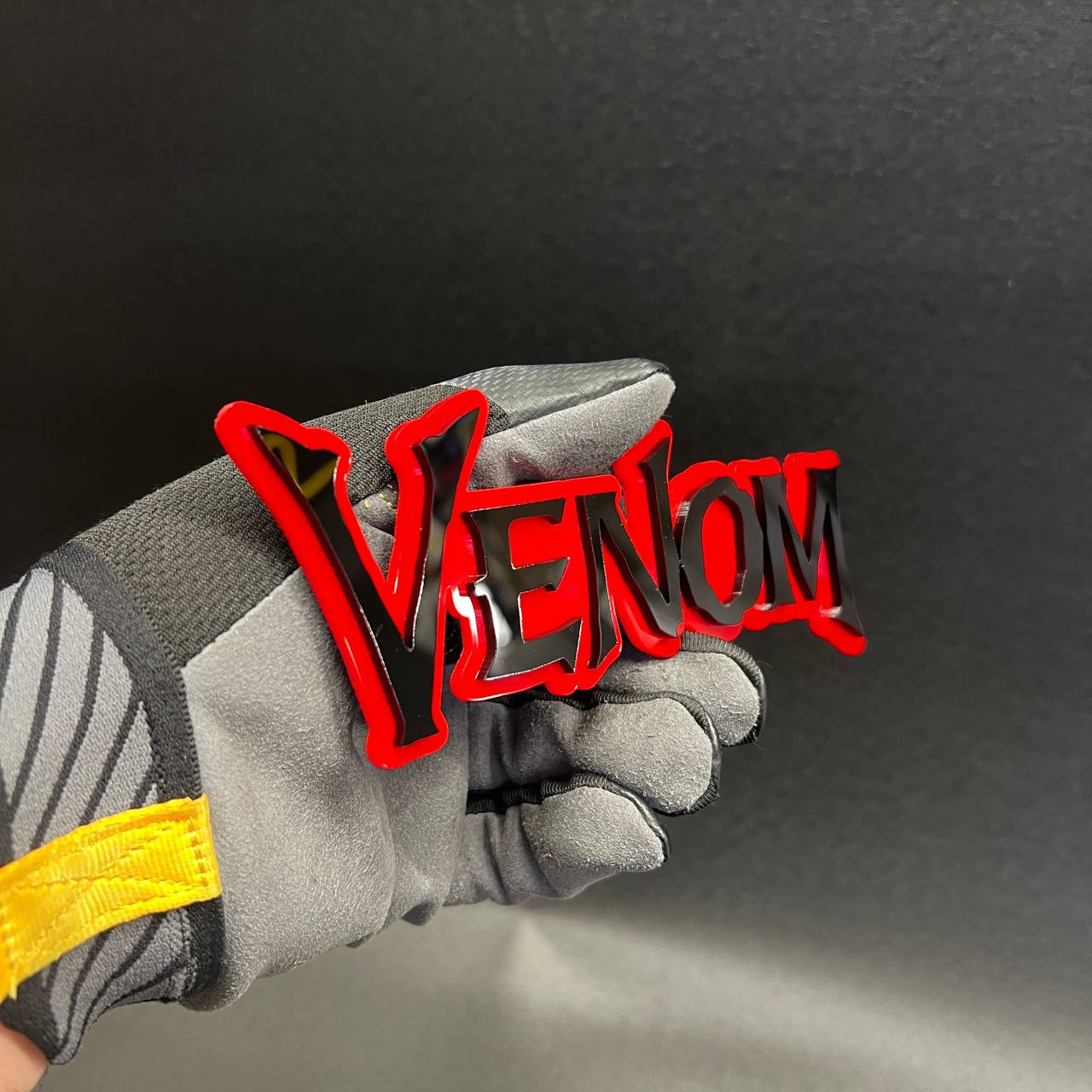 Aggressive VENOM automotive text badge in black and red layered acrylic for car exterior decoration