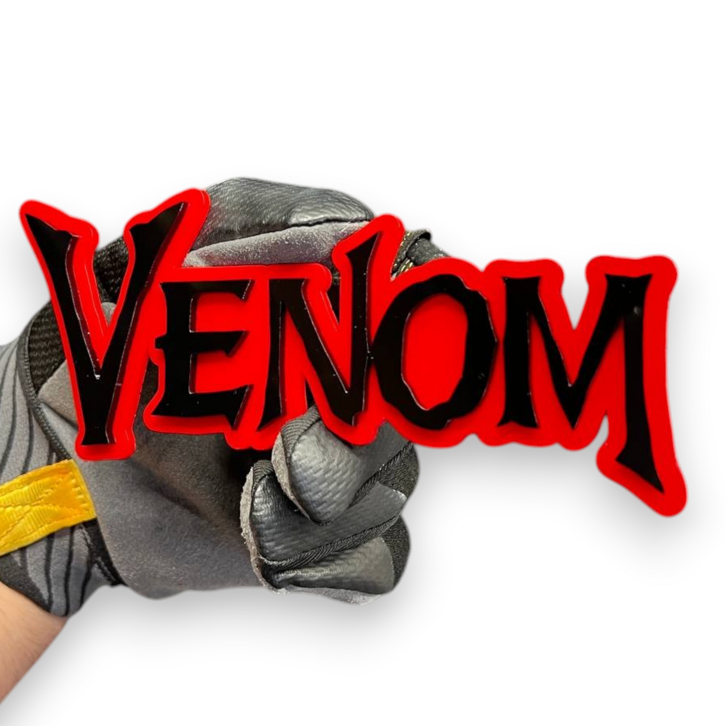 VENOM custom acrylic text badge with glossy black letters and red outline for truck fender emblem styling