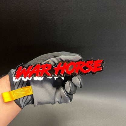 Red and black WAR HORSE custom text badge for Silverado tailgate and fender