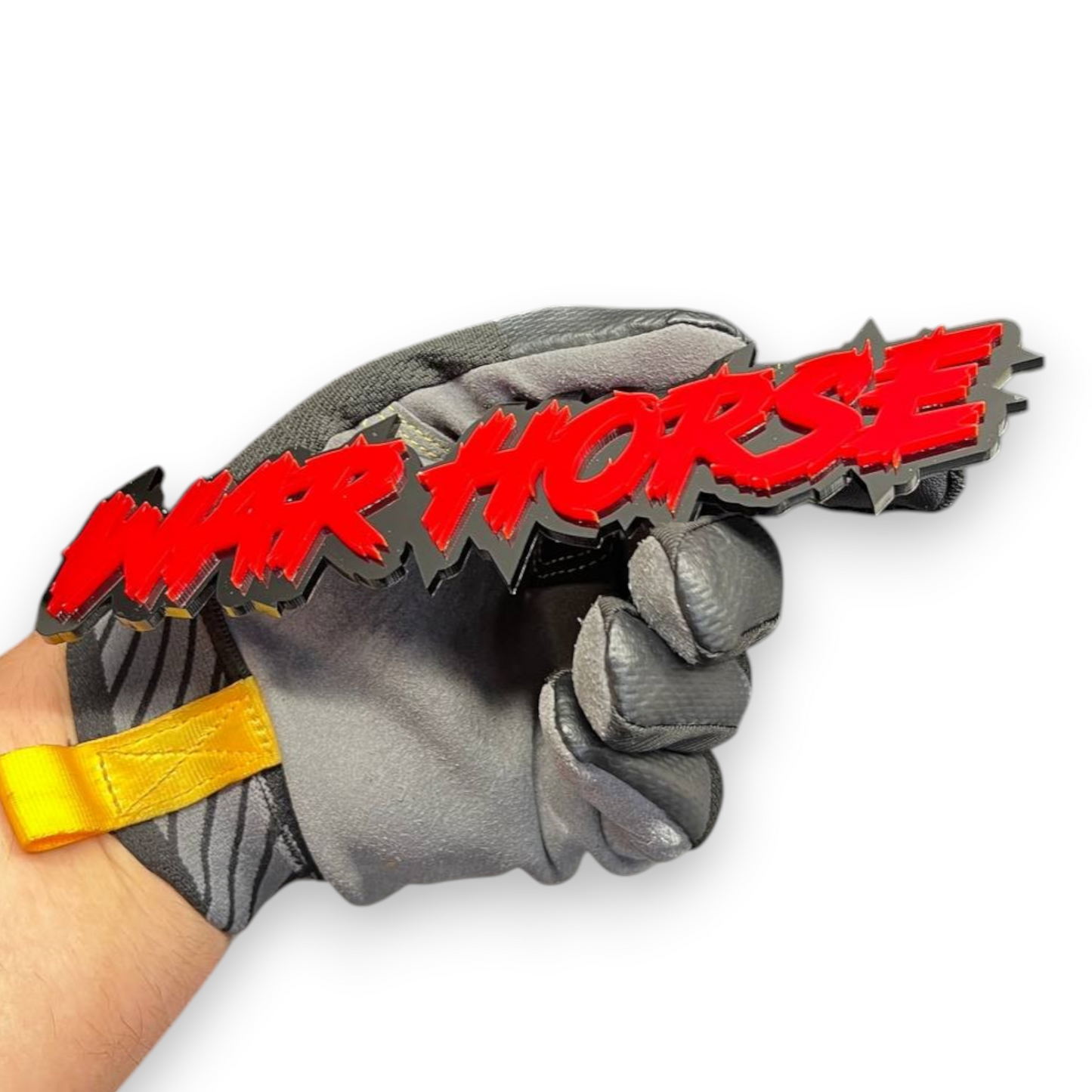 WAR HORSE layered acrylic emblem with black outline and red lettering