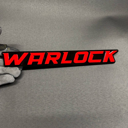WARLOCK car badge with red lettering and glossy black background custom automotive emblem
