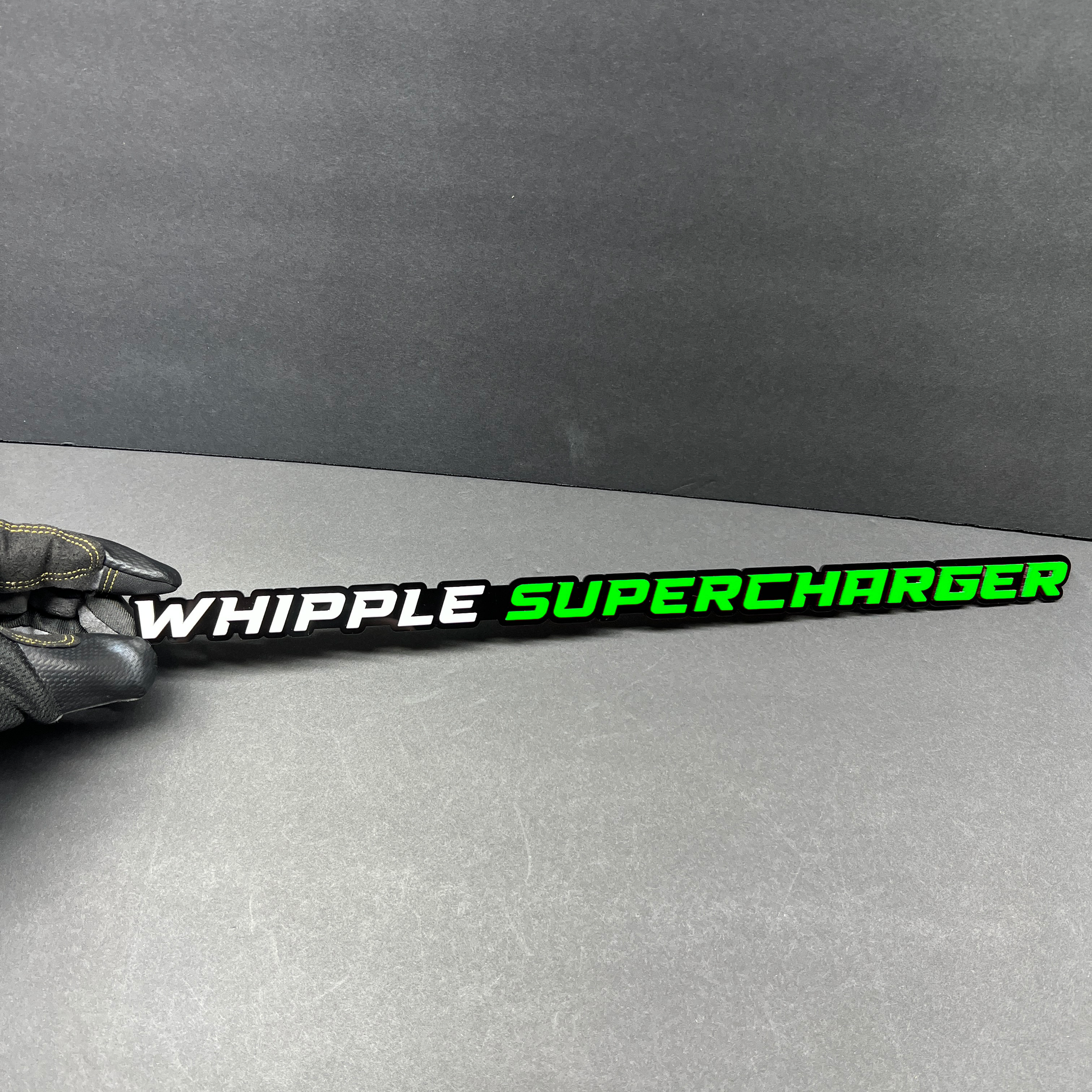 Automotive Whipple Supercharger side badge for fender installation