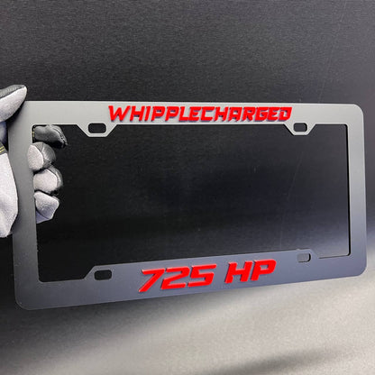 Custom Whipplecharged 725 HP license plate holder with bold red performance text.