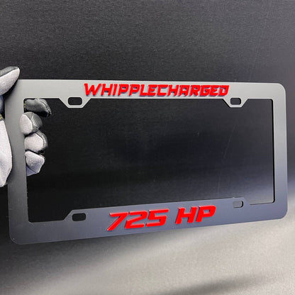 Whipplecharged 725 HP exterior license plate frame for performance car customization.