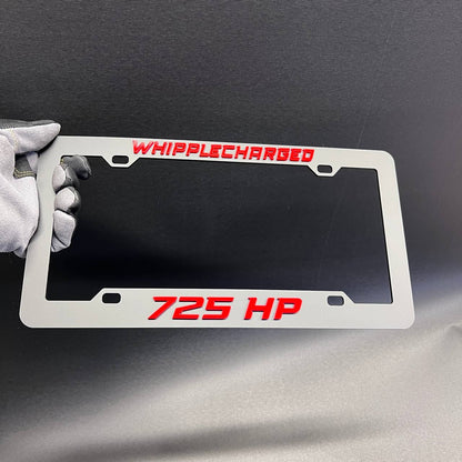 Whipplecharged performance car plate frame with raised 725 HP lettering for custom vehicles.