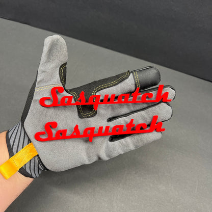 White and black personalized script emblem for automotive exterior styling