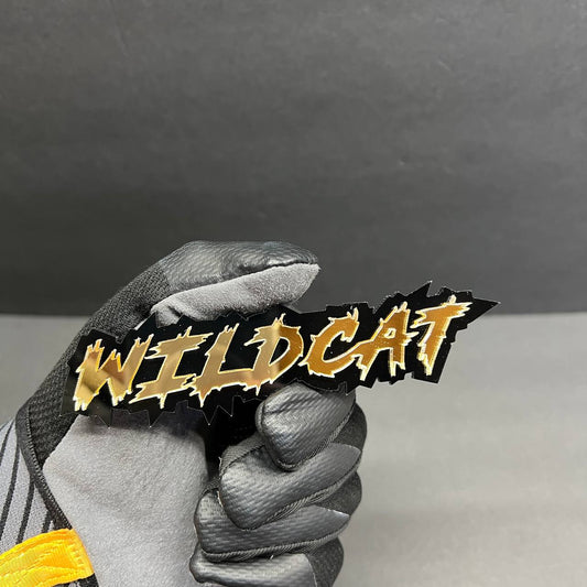 Wildcat custom acrylic text badge in mirror gold and glossy black finish