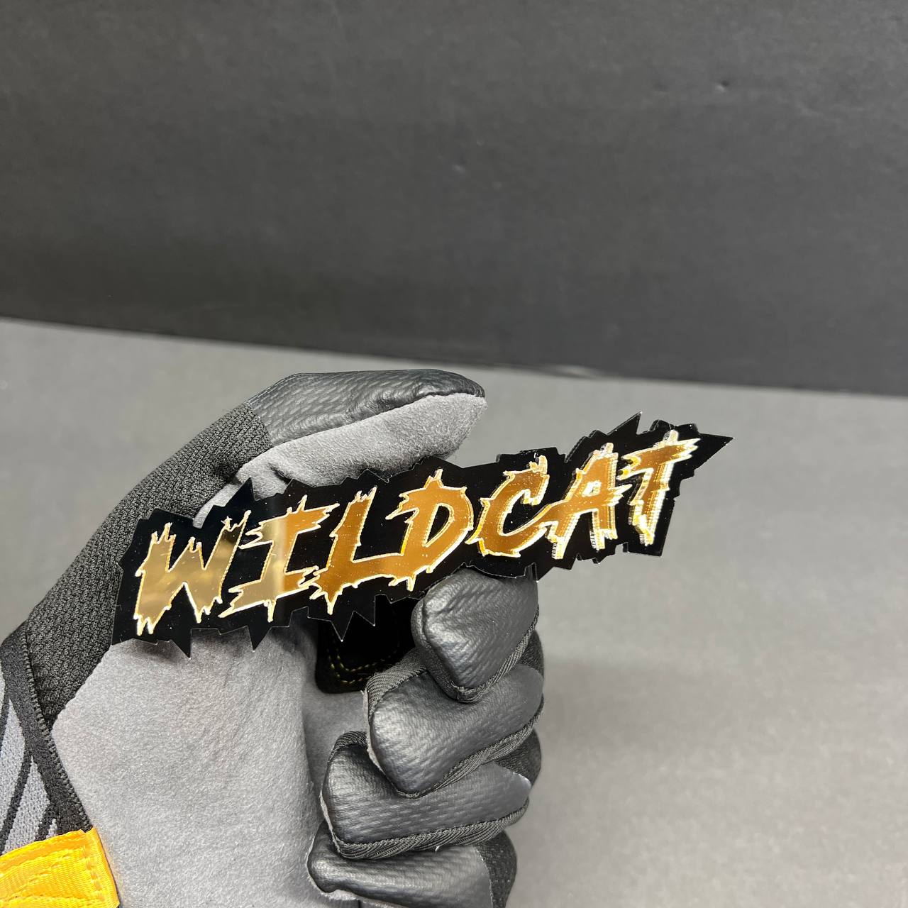 Wildcat racing inspired acrylic text emblem with jagged outline style
