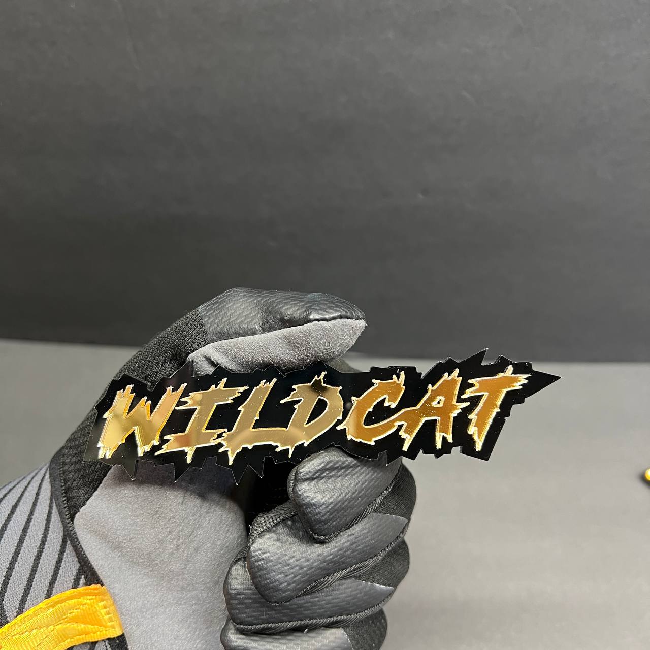 Wildcat automotive custom text badge with mirror gold acrylic finish