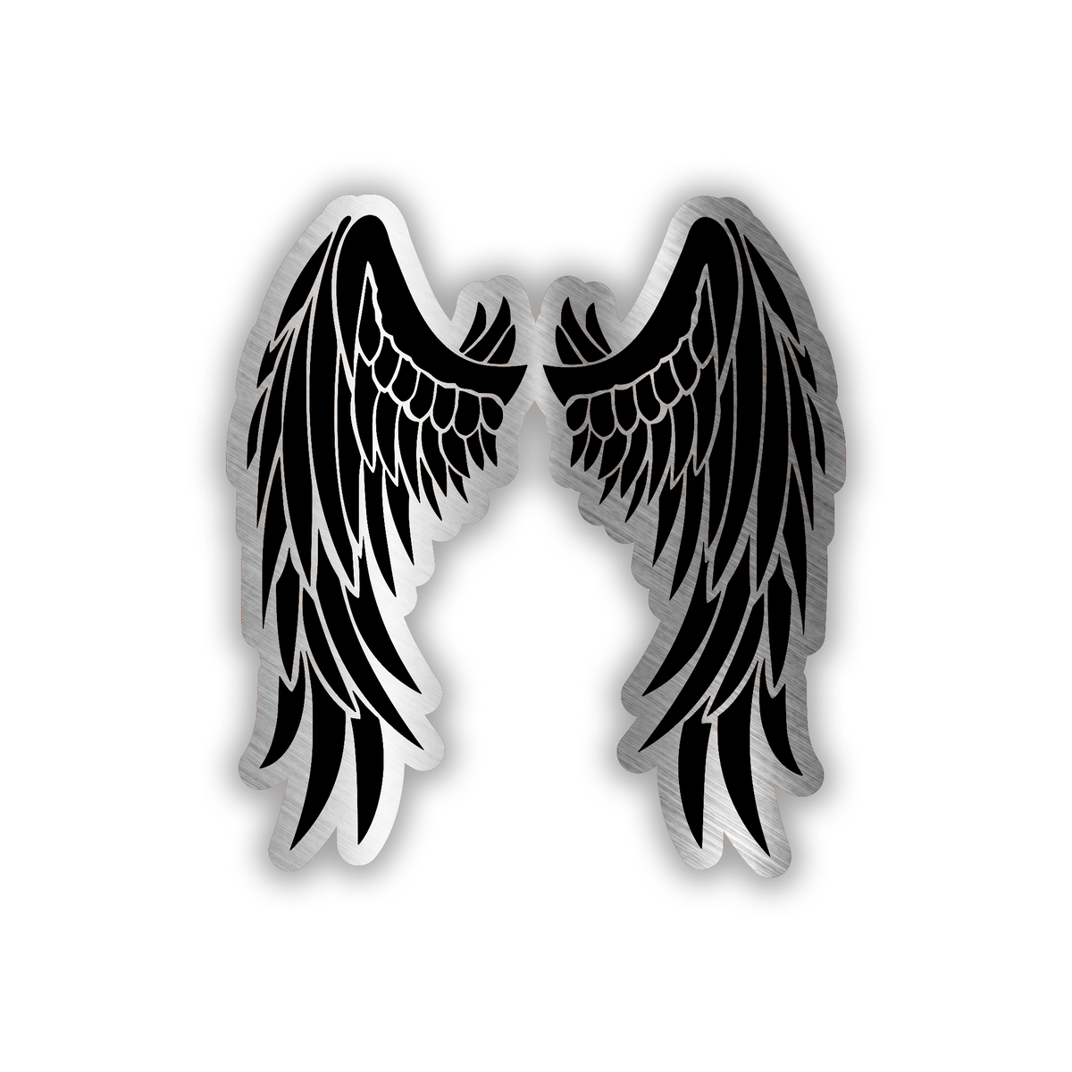Engraved WINGS car badge fender emblem in black and brushed silver wing design.