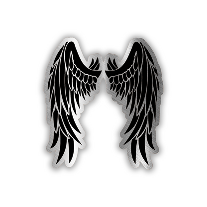 Engraved WINGS car badge fender emblem in black and brushed silver wing design.