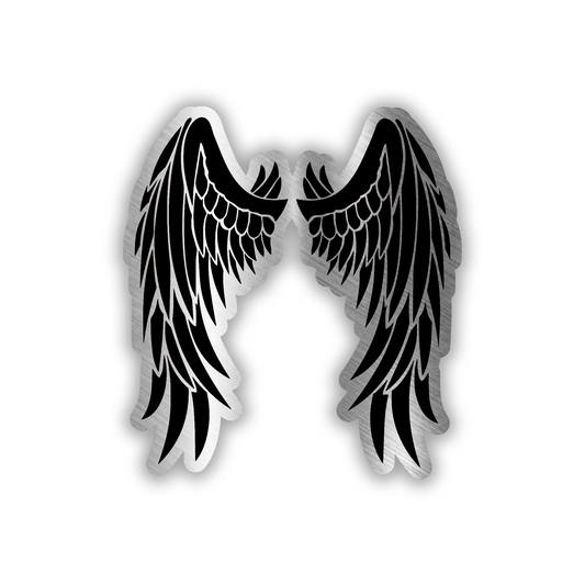 Engraved WINGS car badge fender emblem in black and brushed silver wing design.