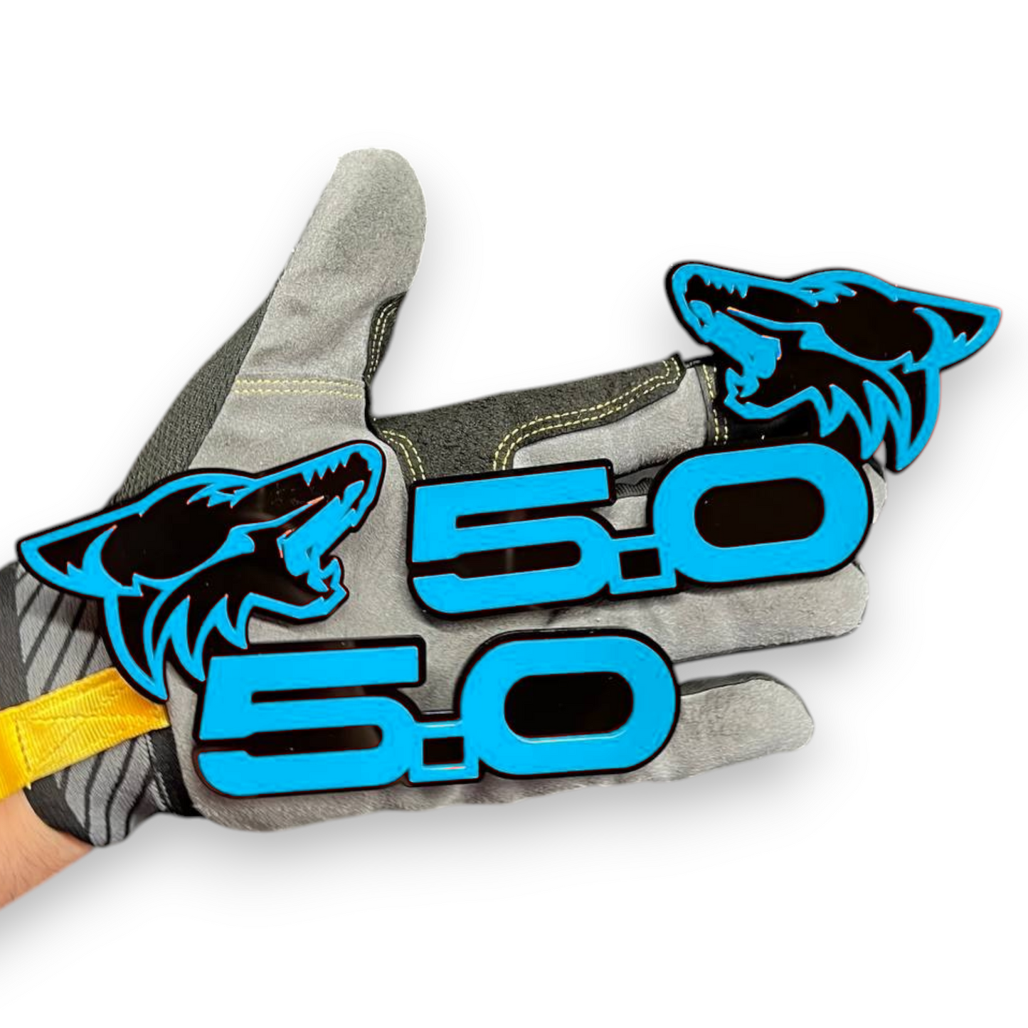 F150 5.0 engine badge with bold red finish