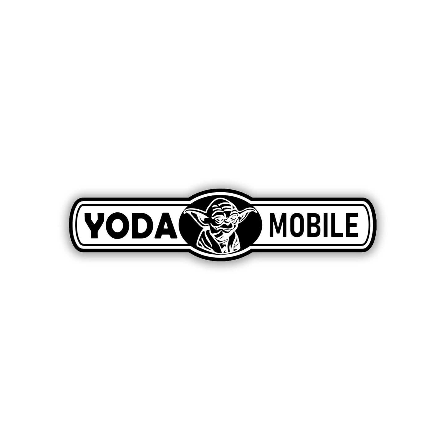 Engraved car badge featuring Yoda Mobile text and a sci-fi character design