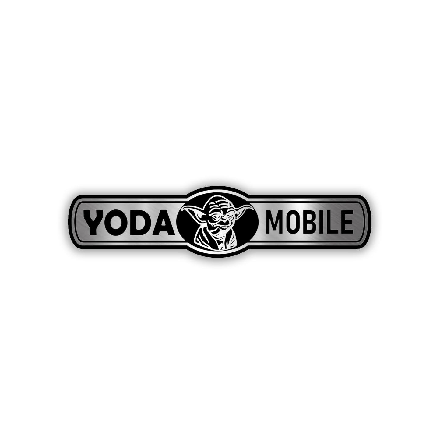 Engraved Yoda Mobile silver car badge with black lettering and character design