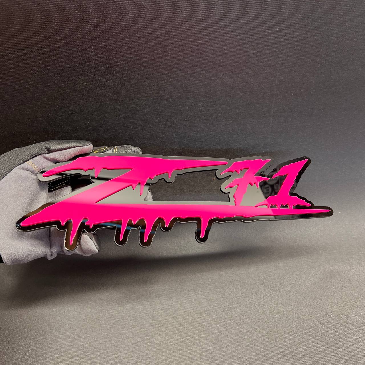 Pink and black Z71 Dripping car emblem with aggressive drip lettering design